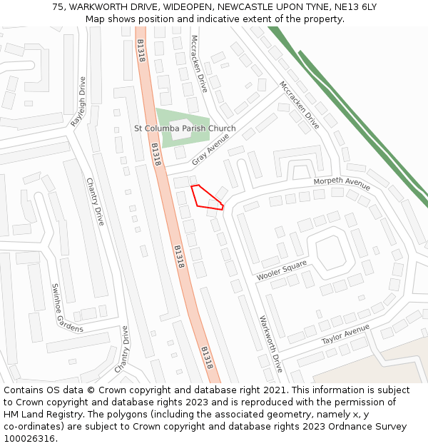 75, WARKWORTH DRIVE, WIDEOPEN, NEWCASTLE UPON TYNE, NE13 6LY: Location map and indicative extent of plot