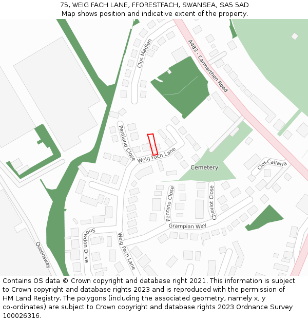 75, WEIG FACH LANE, FFORESTFACH, SWANSEA, SA5 5AD: Location map and indicative extent of plot