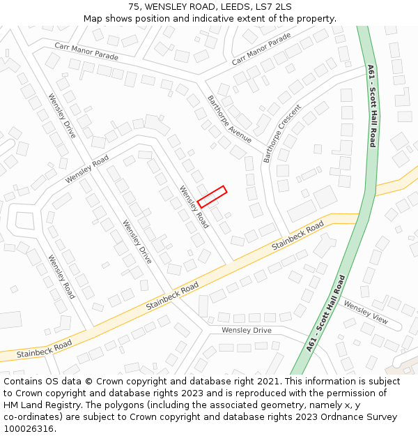 75, WENSLEY ROAD, LEEDS, LS7 2LS: Location map and indicative extent of plot