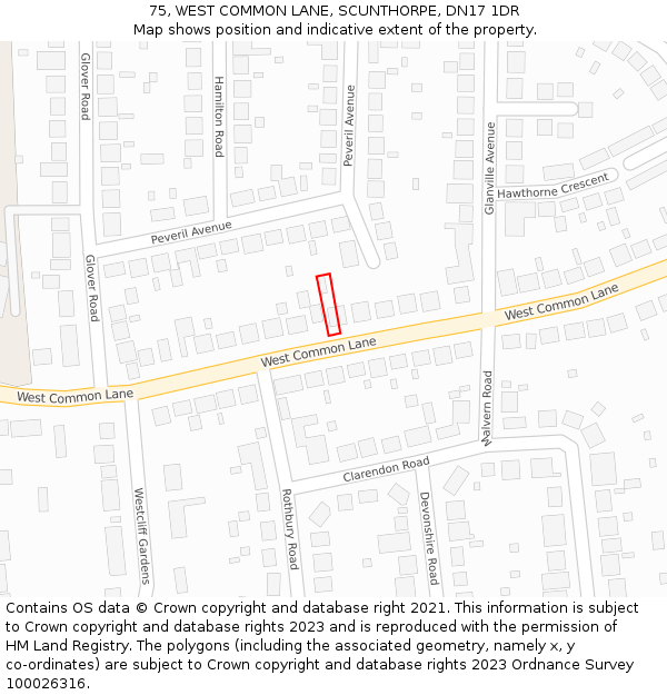 75, WEST COMMON LANE, SCUNTHORPE, DN17 1DR: Location map and indicative extent of plot