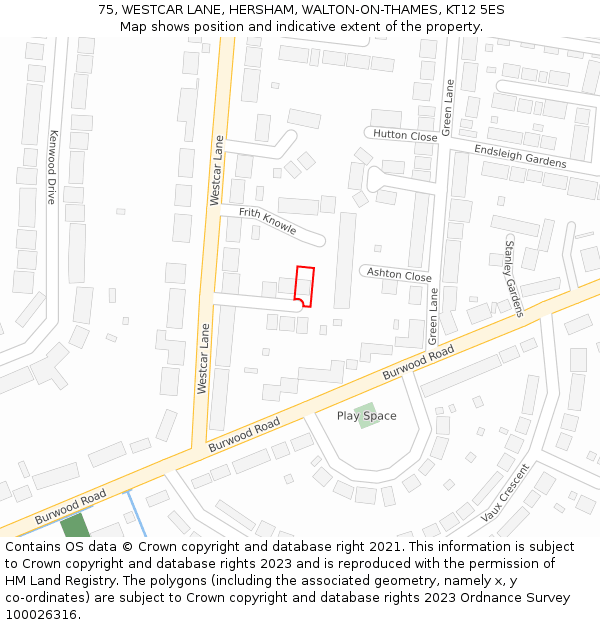 75, WESTCAR LANE, HERSHAM, WALTON-ON-THAMES, KT12 5ES: Location map and indicative extent of plot