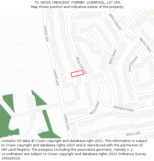 75, WICKS CRESCENT, FORMBY, LIVERPOOL, L37 1PD: Location map and indicative extent of plot