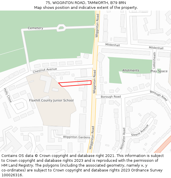 75, WIGGINTON ROAD, TAMWORTH, B79 8RN: Location map and indicative extent of plot