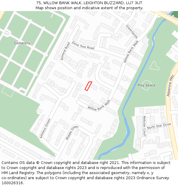 75, WILLOW BANK WALK, LEIGHTON BUZZARD, LU7 3UT: Location map and indicative extent of plot