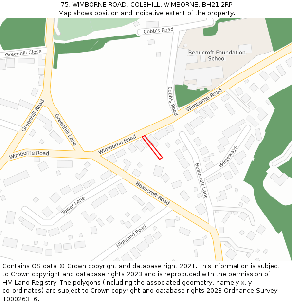 75, WIMBORNE ROAD, COLEHILL, WIMBORNE, BH21 2RP: Location map and indicative extent of plot