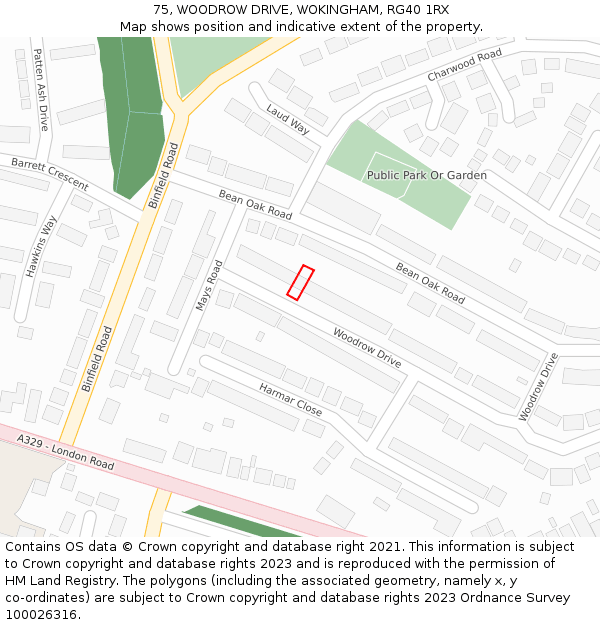 75, WOODROW DRIVE, WOKINGHAM, RG40 1RX: Location map and indicative extent of plot