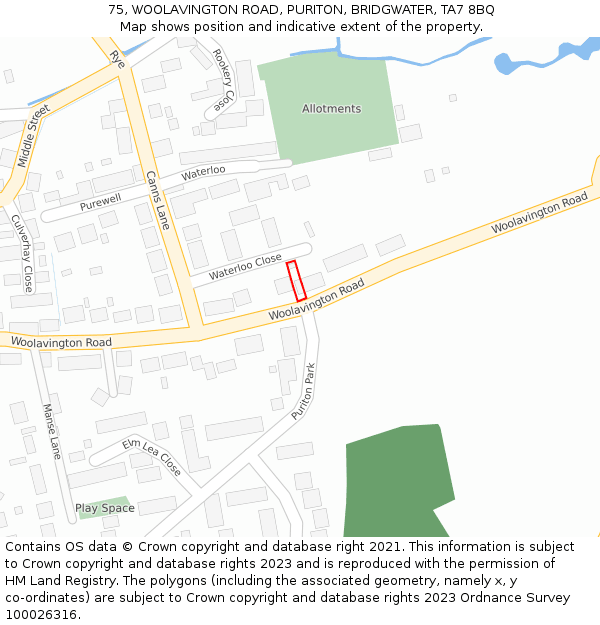 75, WOOLAVINGTON ROAD, PURITON, BRIDGWATER, TA7 8BQ: Location map and indicative extent of plot