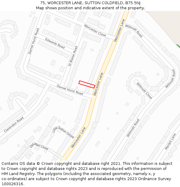 75, WORCESTER LANE, SUTTON COLDFIELD, B75 5NJ: Location map and indicative extent of plot