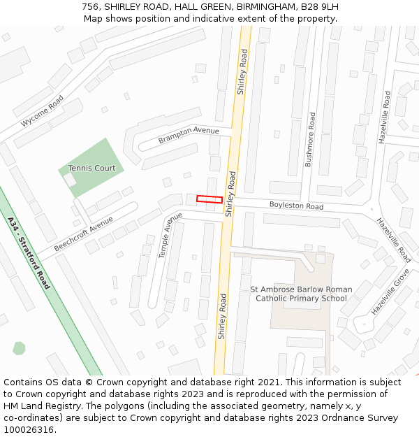 756, SHIRLEY ROAD, HALL GREEN, BIRMINGHAM, B28 9LH: Location map and indicative extent of plot