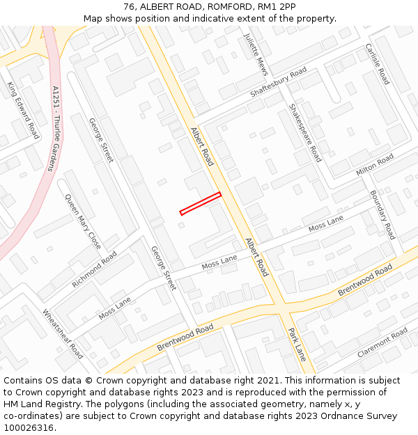 76, ALBERT ROAD, ROMFORD, RM1 2PP: Location map and indicative extent of plot