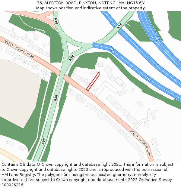 76, ALFRETON ROAD, PINXTON, NOTTINGHAM, NG16 6JY: Location map and indicative extent of plot