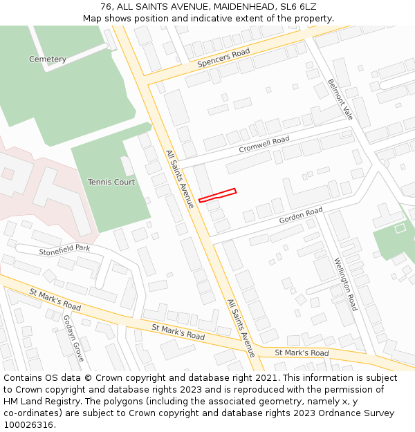76, ALL SAINTS AVENUE, MAIDENHEAD, SL6 6LZ: Location map and indicative extent of plot