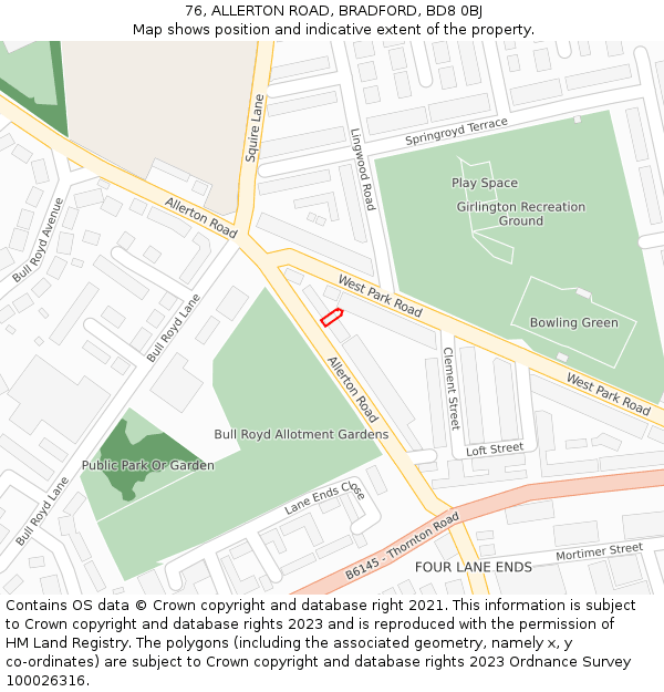 76, ALLERTON ROAD, BRADFORD, BD8 0BJ: Location map and indicative extent of plot