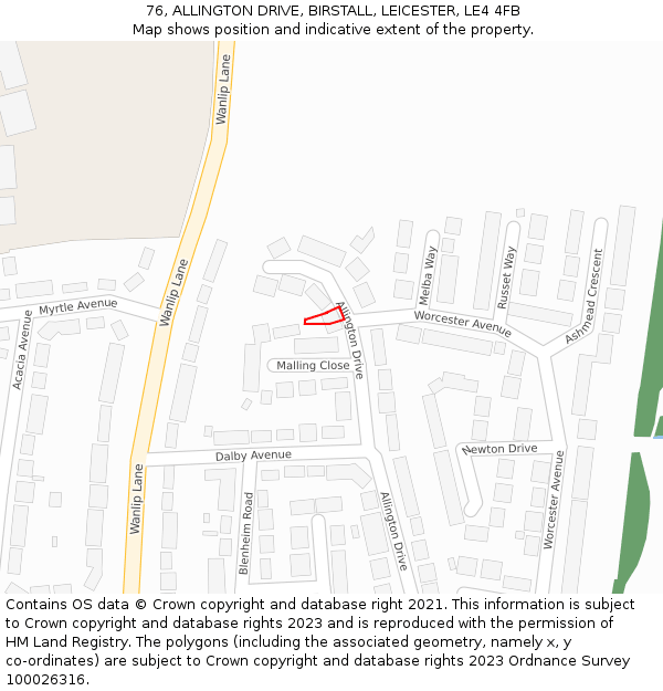 76, ALLINGTON DRIVE, BIRSTALL, LEICESTER, LE4 4FB: Location map and indicative extent of plot