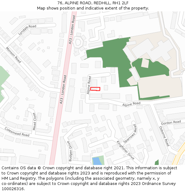 76, ALPINE ROAD, REDHILL, RH1 2LF: Location map and indicative extent of plot