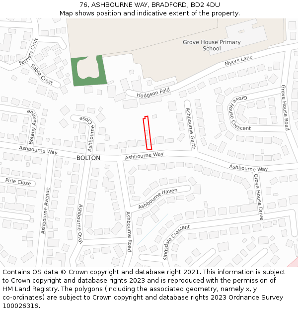 76, ASHBOURNE WAY, BRADFORD, BD2 4DU: Location map and indicative extent of plot