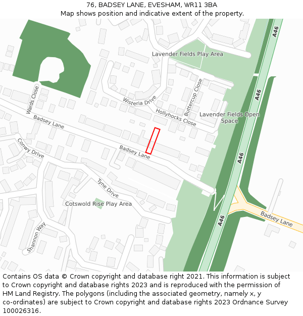 76, BADSEY LANE, EVESHAM, WR11 3BA: Location map and indicative extent of plot