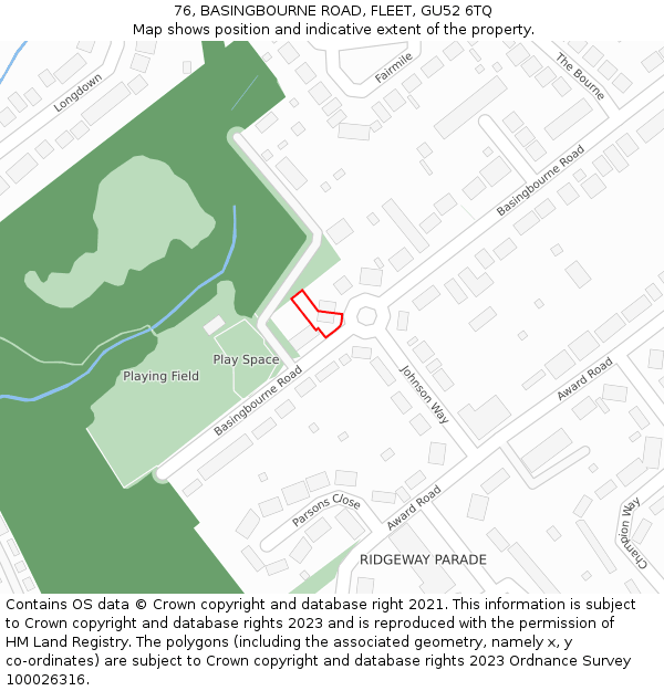 76, BASINGBOURNE ROAD, FLEET, GU52 6TQ: Location map and indicative extent of plot