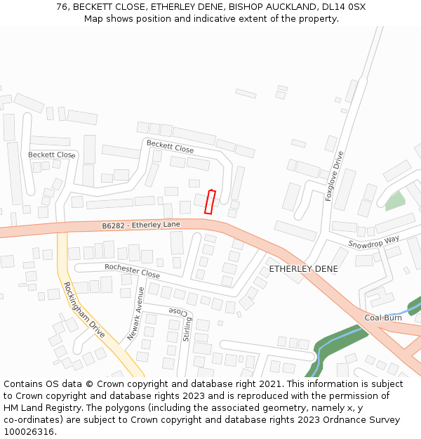 76, BECKETT CLOSE, ETHERLEY DENE, BISHOP AUCKLAND, DL14 0SX: Location map and indicative extent of plot