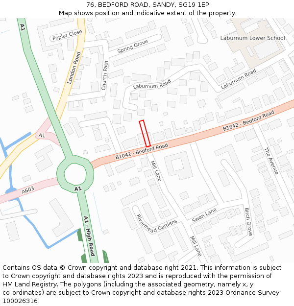 76, BEDFORD ROAD, SANDY, SG19 1EP: Location map and indicative extent of plot