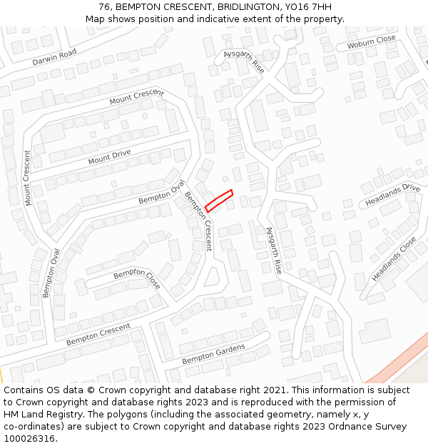 76, BEMPTON CRESCENT, BRIDLINGTON, YO16 7HH: Location map and indicative extent of plot