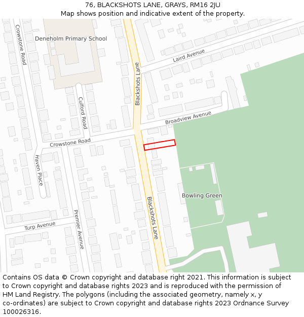 76, BLACKSHOTS LANE, GRAYS, RM16 2JU: Location map and indicative extent of plot