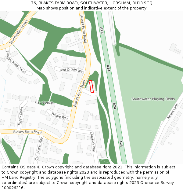 76, BLAKES FARM ROAD, SOUTHWATER, HORSHAM, RH13 9GQ: Location map and indicative extent of plot