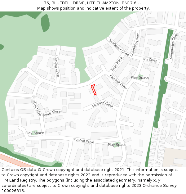 76, BLUEBELL DRIVE, LITTLEHAMPTON, BN17 6UU: Location map and indicative extent of plot