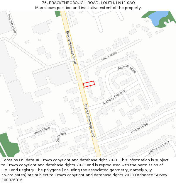 76, BRACKENBOROUGH ROAD, LOUTH, LN11 0AQ: Location map and indicative extent of plot