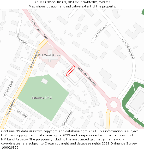 76, BRANDON ROAD, BINLEY, COVENTRY, CV3 2JF: Location map and indicative extent of plot