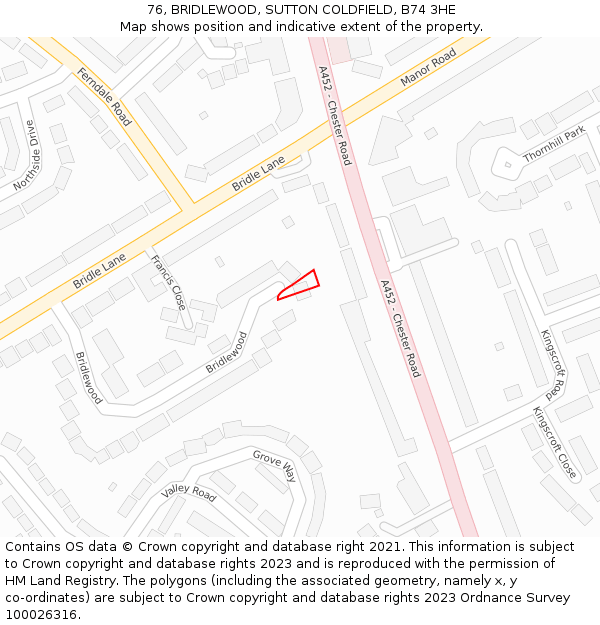 76, BRIDLEWOOD, SUTTON COLDFIELD, B74 3HE: Location map and indicative extent of plot