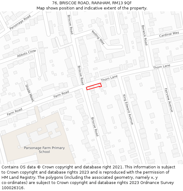 76, BRISCOE ROAD, RAINHAM, RM13 9QF: Location map and indicative extent of plot