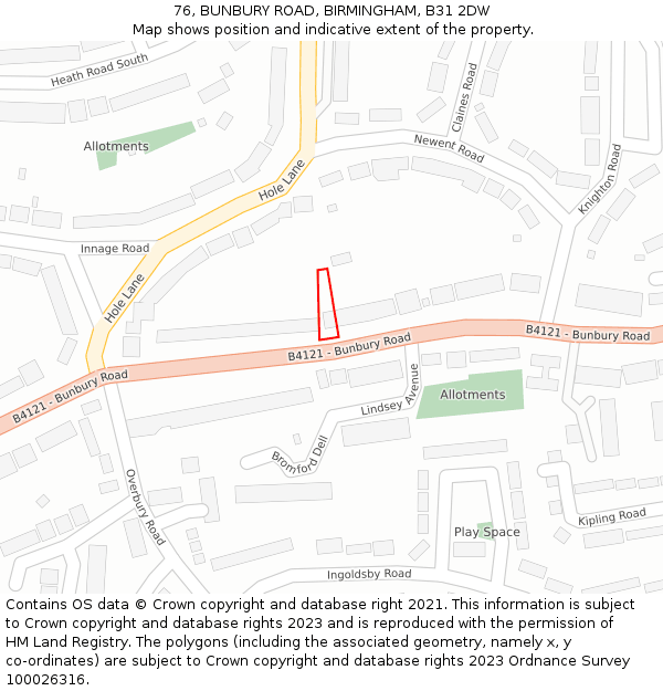 76, BUNBURY ROAD, BIRMINGHAM, B31 2DW: Location map and indicative extent of plot