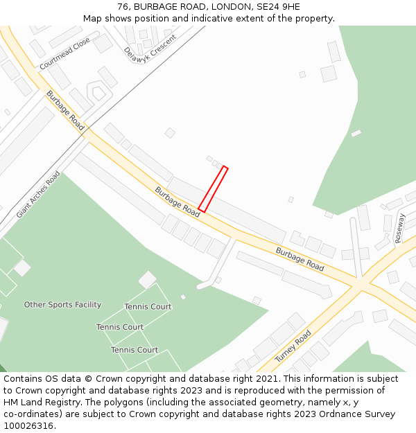 76, BURBAGE ROAD, LONDON, SE24 9HE: Location map and indicative extent of plot