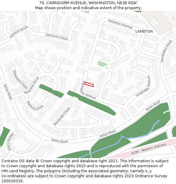 76, CAIRNGORM AVENUE, WASHINGTON, NE38 0QW: Location map and indicative extent of plot