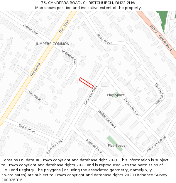 76, CANBERRA ROAD, CHRISTCHURCH, BH23 2HW: Location map and indicative extent of plot