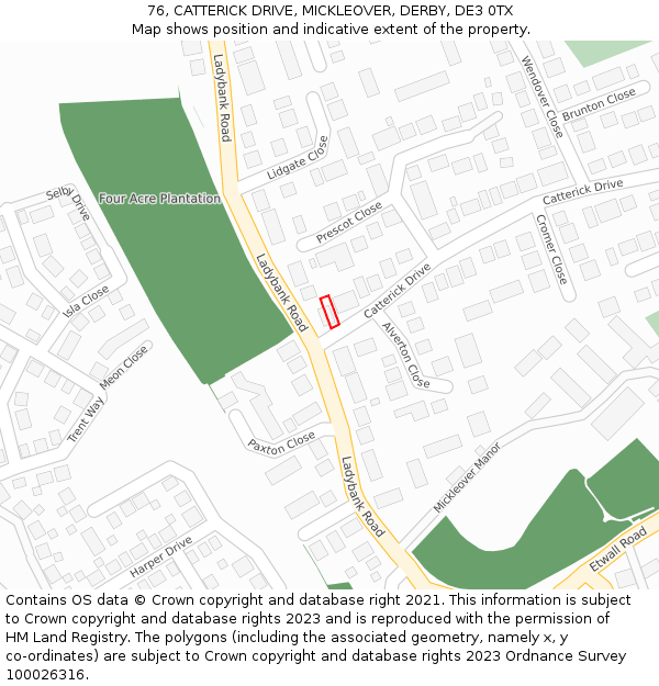 76, CATTERICK DRIVE, MICKLEOVER, DERBY, DE3 0TX: Location map and indicative extent of plot