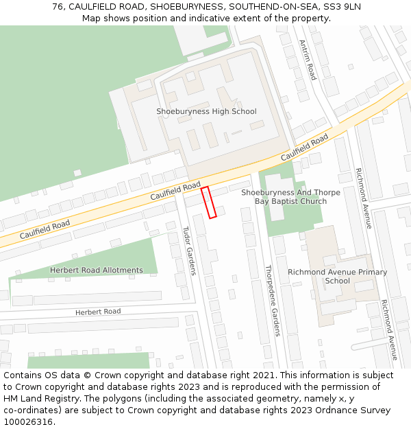 76, CAULFIELD ROAD, SHOEBURYNESS, SOUTHEND-ON-SEA, SS3 9LN: Location map and indicative extent of plot