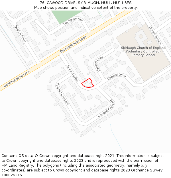 76, CAWOOD DRIVE, SKIRLAUGH, HULL, HU11 5ES: Location map and indicative extent of plot