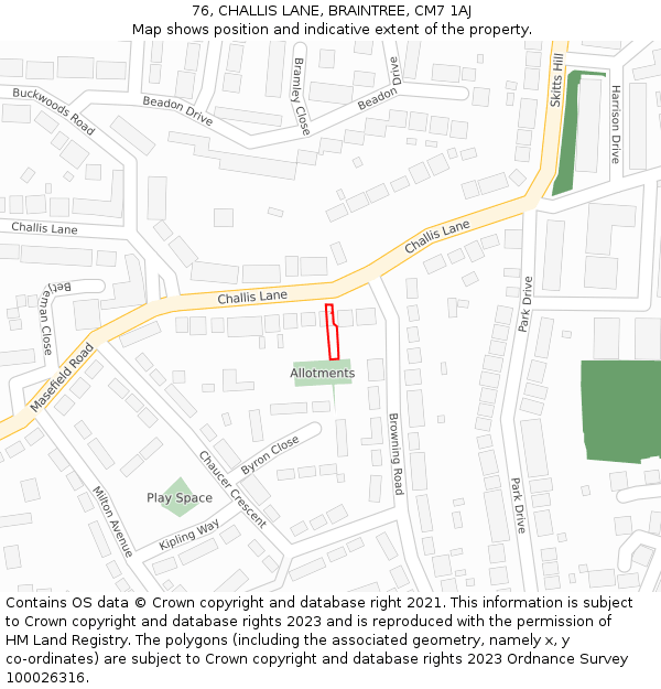 76, CHALLIS LANE, BRAINTREE, CM7 1AJ: Location map and indicative extent of plot