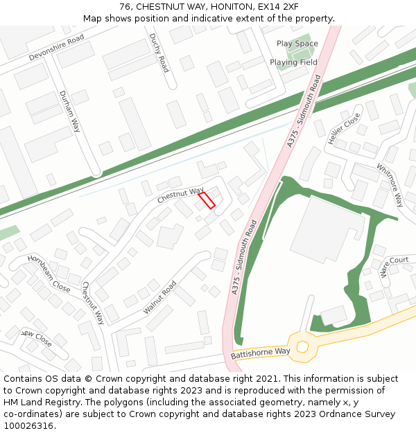 76, CHESTNUT WAY, HONITON, EX14 2XF: Location map and indicative extent of plot