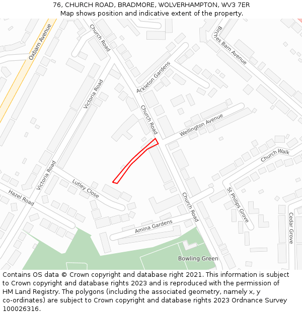 76, CHURCH ROAD, BRADMORE, WOLVERHAMPTON, WV3 7ER: Location map and indicative extent of plot