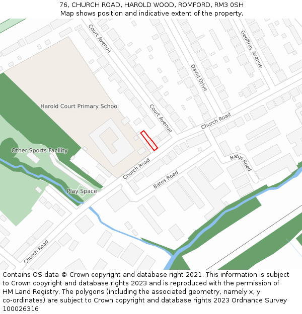 76, CHURCH ROAD, HAROLD WOOD, ROMFORD, RM3 0SH: Location map and indicative extent of plot