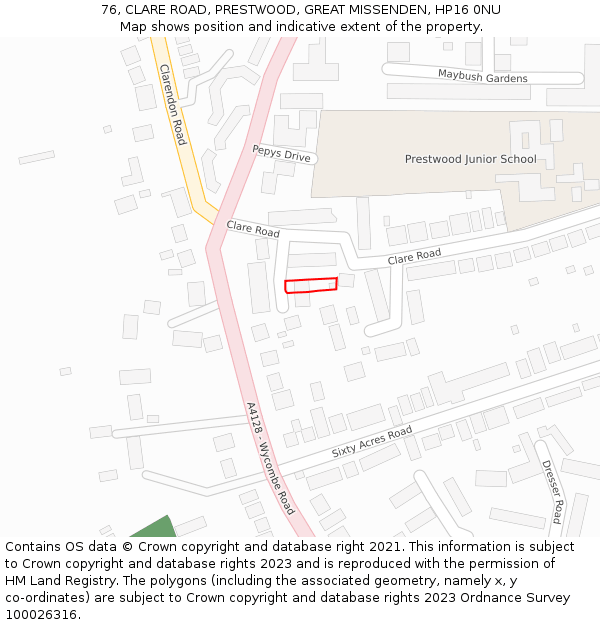 76, CLARE ROAD, PRESTWOOD, GREAT MISSENDEN, HP16 0NU: Location map and indicative extent of plot