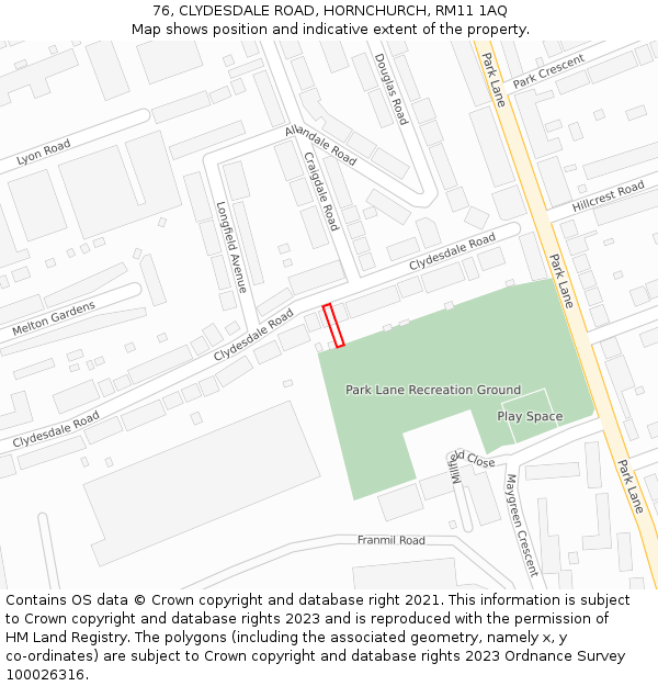 76, CLYDESDALE ROAD, HORNCHURCH, RM11 1AQ: Location map and indicative extent of plot