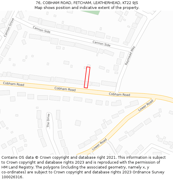 76, COBHAM ROAD, FETCHAM, LEATHERHEAD, KT22 9JS: Location map and indicative extent of plot