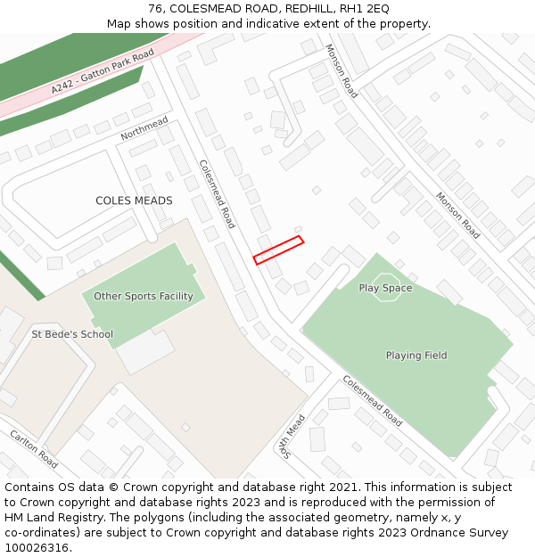 76, COLESMEAD ROAD, REDHILL, RH1 2EQ: Location map and indicative extent of plot