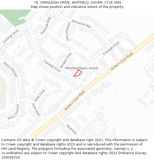 76, CRANLEIGH DRIVE, WHITFIELD, DOVER, CT16 3NN: Location map and indicative extent of plot