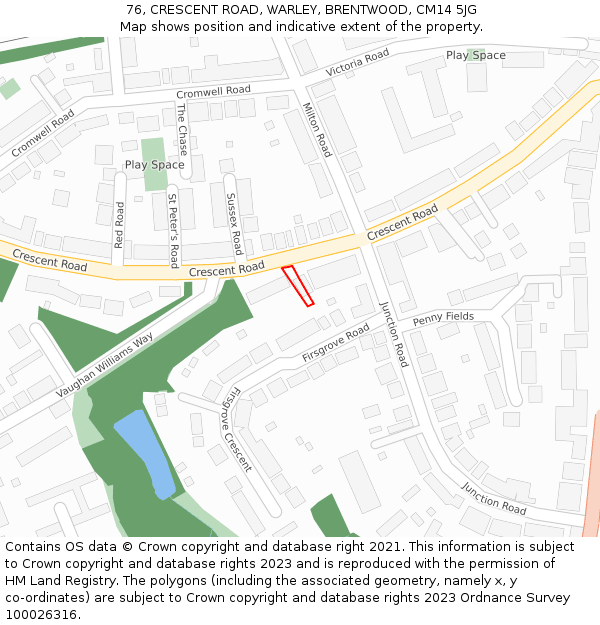 76, CRESCENT ROAD, WARLEY, BRENTWOOD, CM14 5JG: Location map and indicative extent of plot