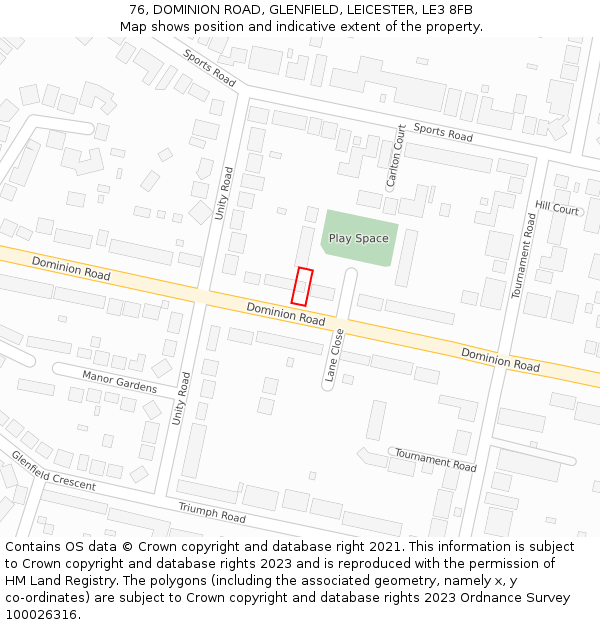 76, DOMINION ROAD, GLENFIELD, LEICESTER, LE3 8FB: Location map and indicative extent of plot